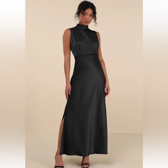 NWT! Lulu's Classic Elegance Black Satin Sleeveless Mock Neck Maxi Dress. large - Picture 1 of 10